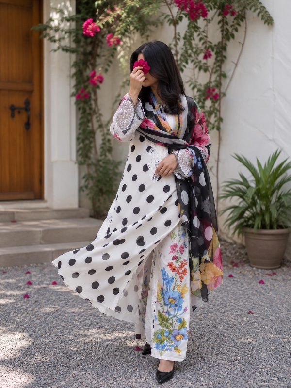 Polka Dot Floral Pakistani Suit [PC041]