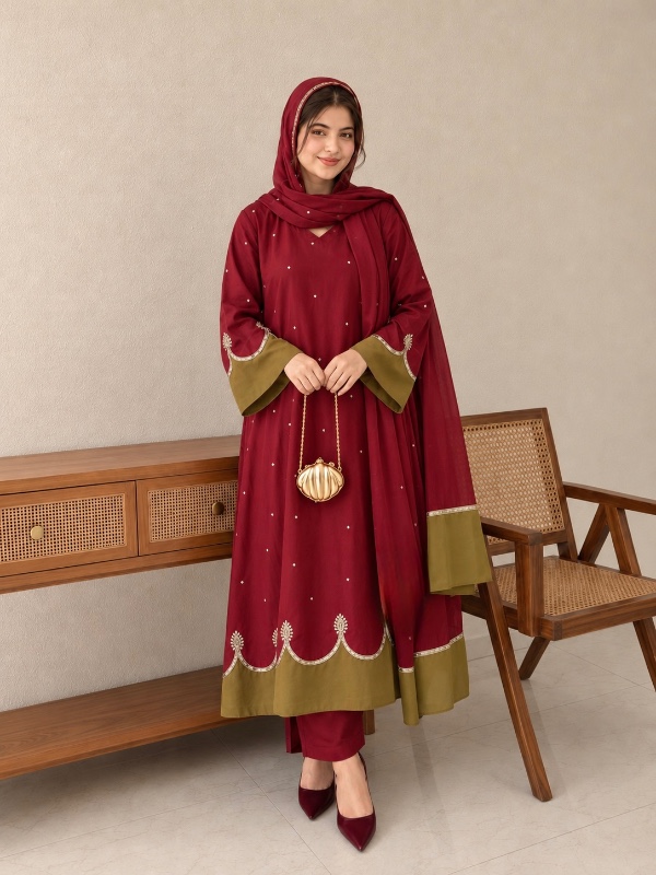 Viral Cutwork Anarkali – Maroon & Olive Green [PF008]