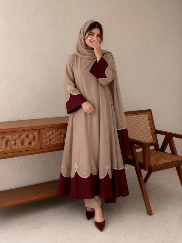 Viral Cutwork Anarkali – Beige & Brown [PF009]