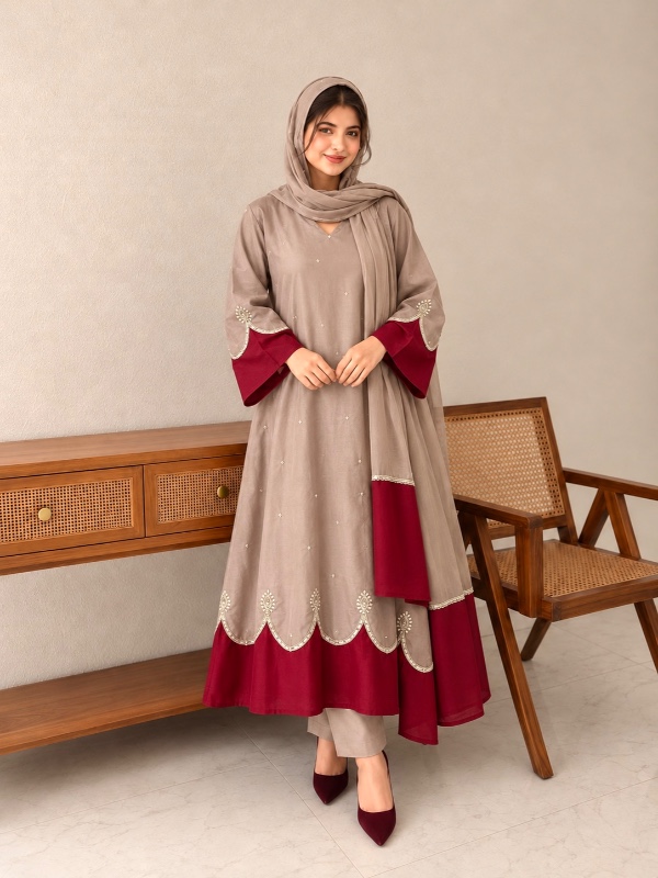 Viral Cutwork Anarkali – Almond Beige &  Red [PF010]