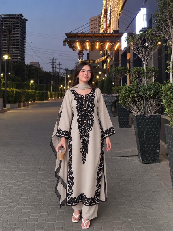 Beige & Black Floral Embroidered Suit [PC053]