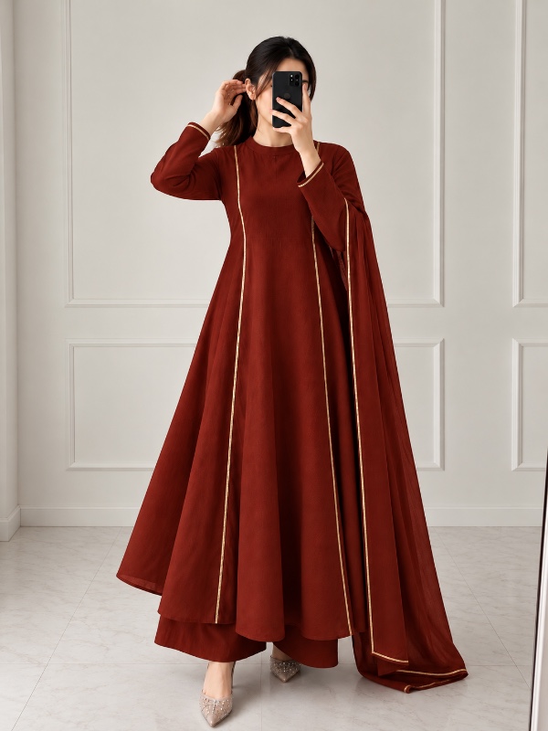 Deep Rust Three Panel Anarkali [PF015]