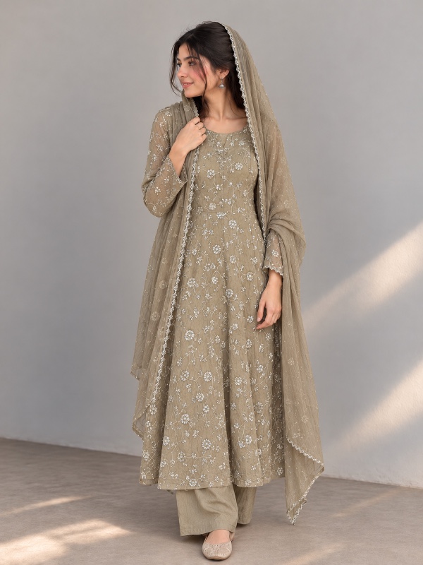 Beige Fendi Embroidered Anarkali [PF016]